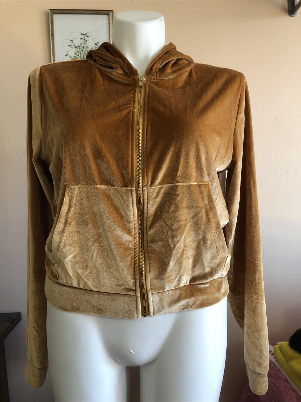 Fabletics Velour Full Zip Hoodie Jacket Gold Tan Lounge Athleisure Large